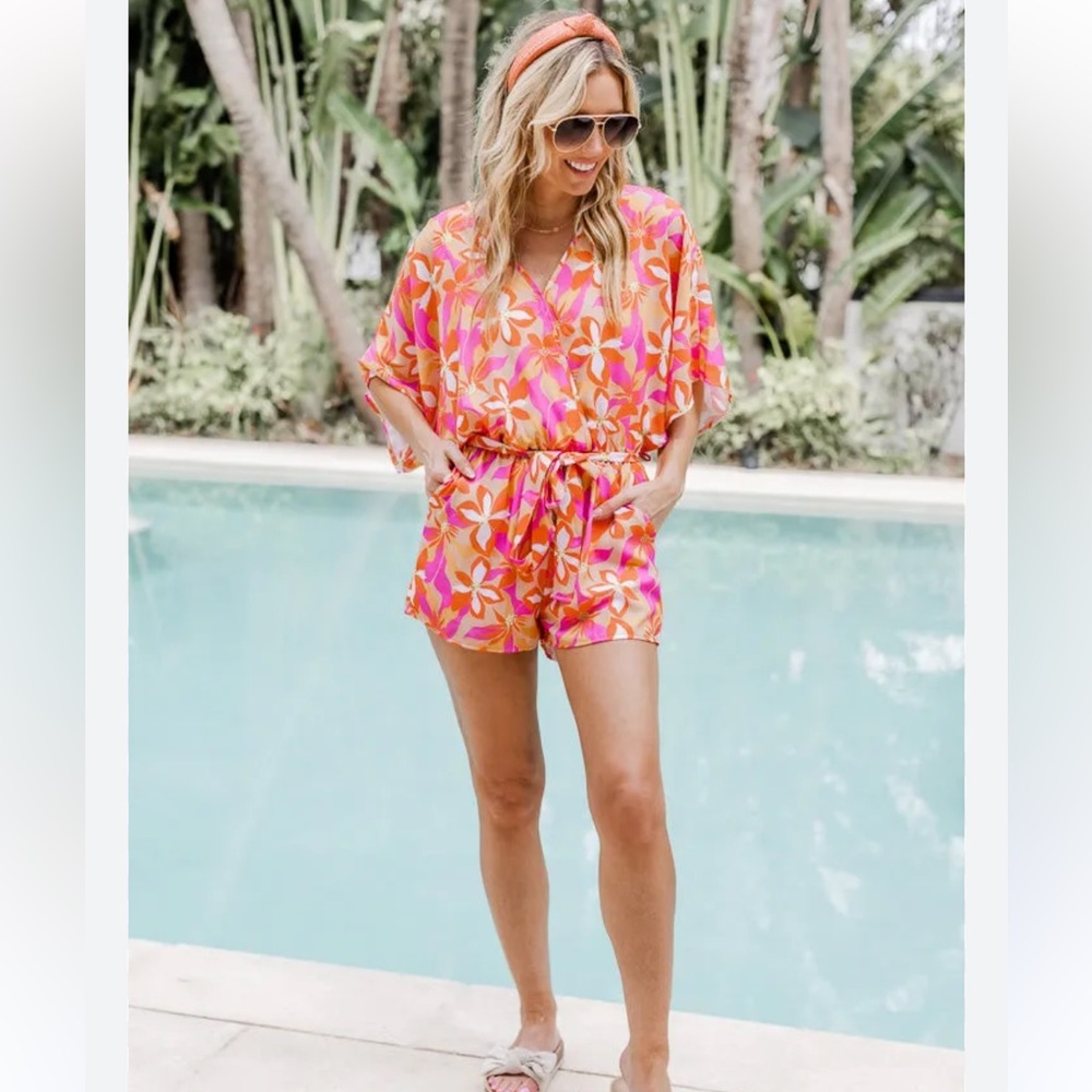 Pink Lily Medium Feeling Bold Fuschia Vacation Romper Tie Waist Flutter Sleeve